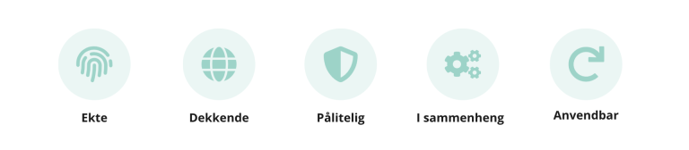 Fem hensyn som må være ivaretatt for å sikre god dokumentasjonsforvaltning: Ekte, dekkende, pålitelig, i sammenheng og anvendbar.