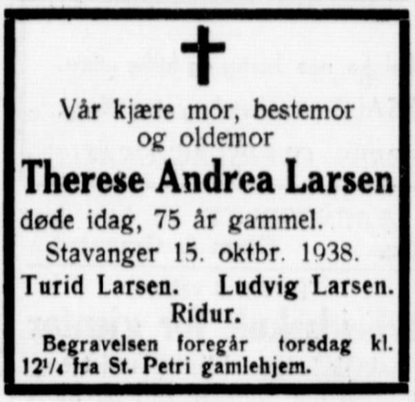 Dødsannonse Therese Andrea 1938