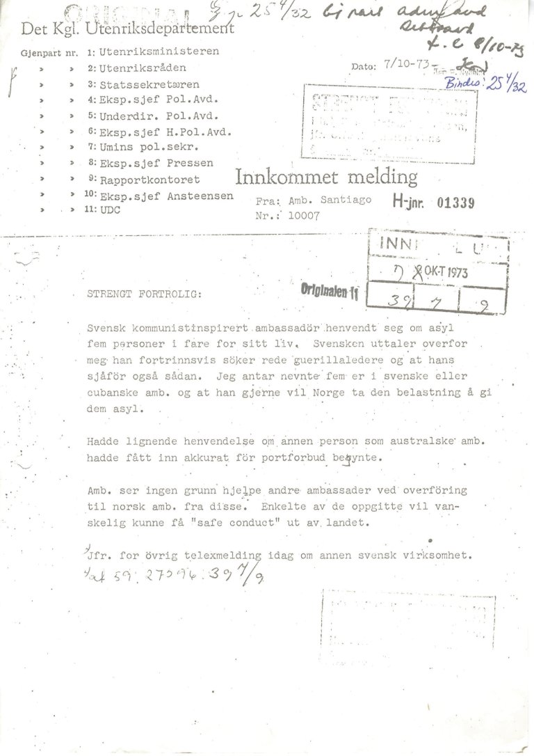 I en strengt fortrolig melding til Utenriksdepartementet betegner ambassadør Fleischer Sveriges ambassadør som «kommunistinspirert» (Riksarkivet/ Utenriksdepartementet, hovedarkiv, boks 682, mappe x).