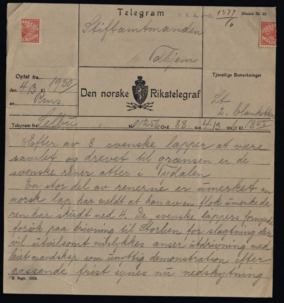 Telegram fra mars 1916 vedrørende svensk rein i Norge. Fra arkivet til Fylkesmannen i Sør-Trøndelag. Statsarkivet i Trondheim.