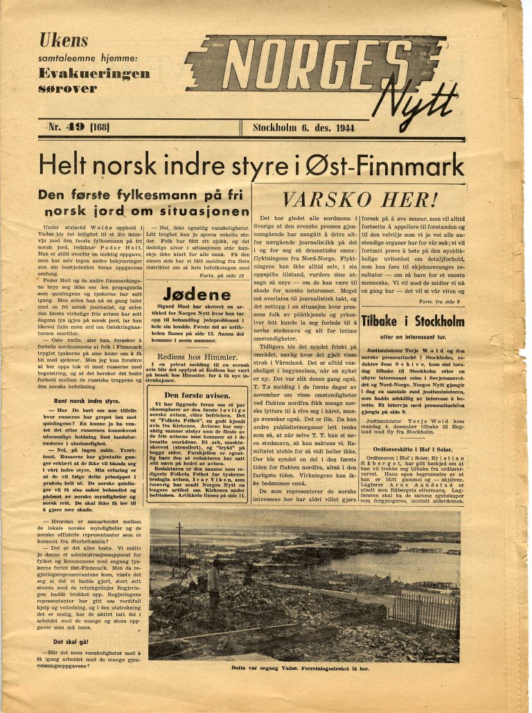 Forsiden av informasjonsavisen for norske flyktninger: NorgesNytt, 6. desember 1944.