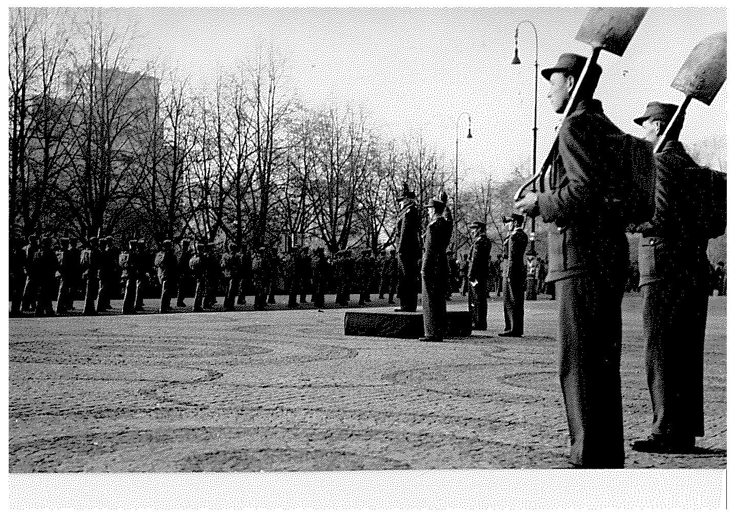 Mannskapa i Norges Arbeidstjeneste var uniformerte og dreiv eksersis, men med spade istadenfor gevær. Her frå ei mønstring på Karl Johan i oktober 1941. Mannen på plattformen er general Carl Frølich Hanssen, øvste sjef for AT. RA/PA-1209 NTBs krigsarkiv/Ue/0096.