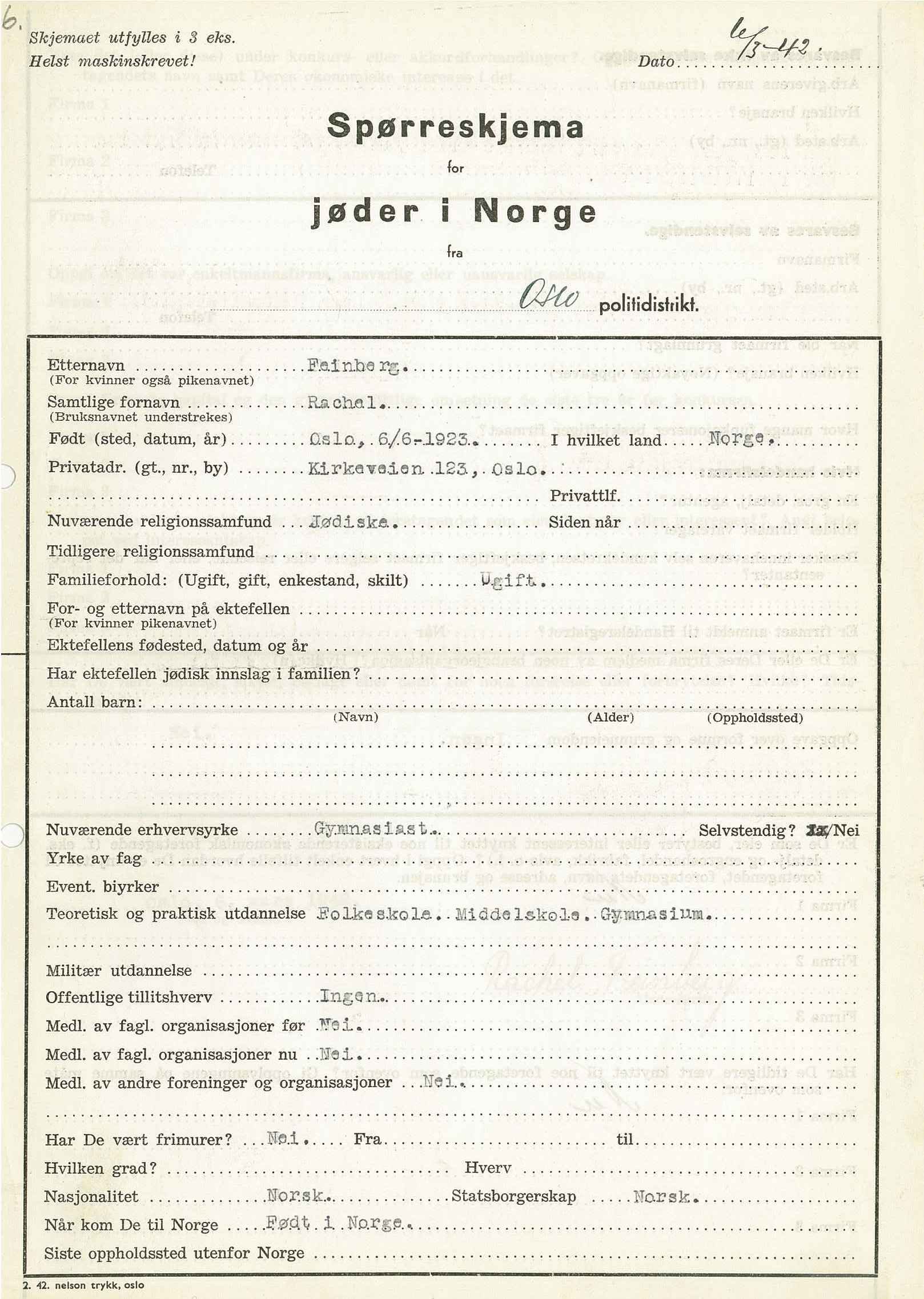 Utfylt ”spørreskjema for jøder” for Rachel Feinberg. Referanse: S-1329 Statspolitiet, Ga-9
