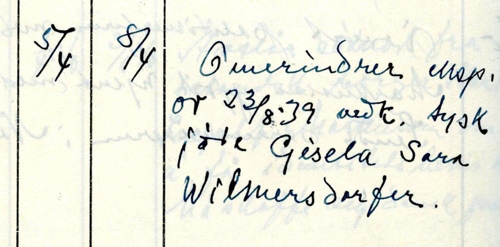 Sentralpasskontoret ber om opplysninger om Gisela Wilmersdoerffer. (Statsarkivet i Kristiansand, Arendal politikammer, Brevjournal fremmedkontroll 1937-1945, 124, s. 86.)
