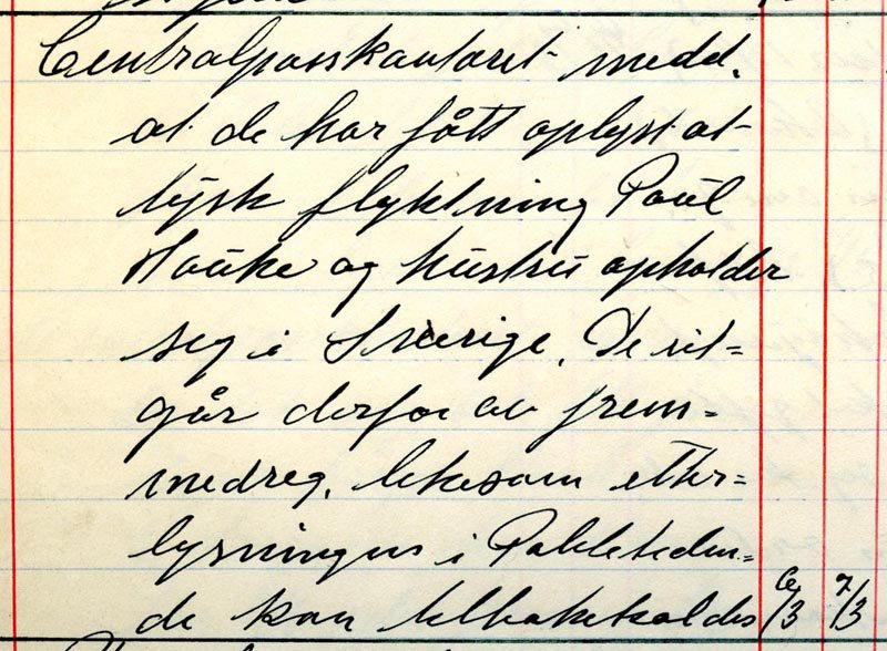 Kristiansand politikammers fremmedkontor noterer seg at etterlysningen av Marianne og Paul Hauke kan tilbakekalles i mars 1941. (Statsarkivet i Kristiansand, Kristiansand politikammer -2, Journal fremmedkontrollen 1941-1945, 540, jnr. 92/1941.)