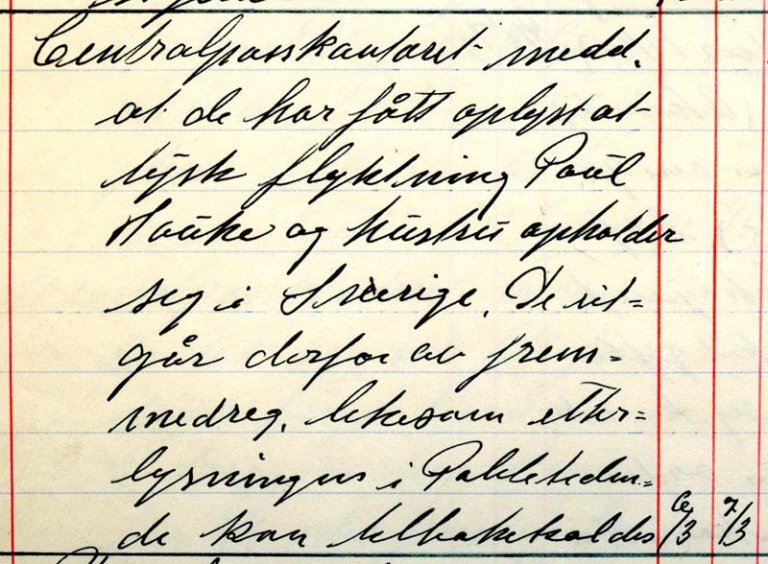 Kristiansand politikammers fremmedkontor noterer seg at etterlysningen av Marianne og Paul Hauke kan tilbakekalles i mars 1941. (Statsarkivet i Kristiansand, Kristiansand politikammer -2, Journal fremmedkontrollen 1941-1945, 540, jnr. 92/1941.)