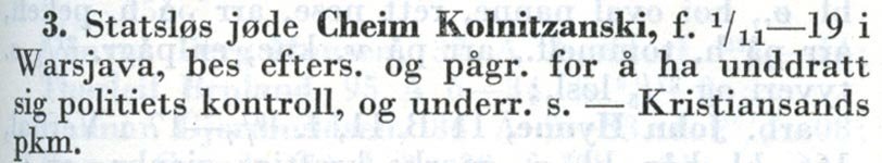 Cheim Kolnitzanski etterlyses i Polititidende 2. juni 1942.