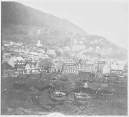 BRYGGEN: Skader etter eksplosjonen i Bergen 20. april 1944. Omtrent alle takene på Bryggen har store skader. Bak til venstre sees Skansen brannstasjon.  FOTO: UKJENT, UTLÅN: NTBS KRIGSARKIV/ARKIVVERKET