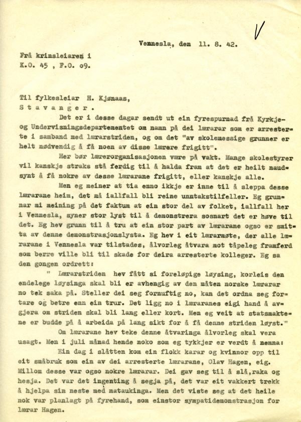 Brev 11. august 1942 fra kretslederen for Norsk Lærersamband, Kristiansand, angående støtte til arrestert lærer, s. 1. (Statsarkivet i Kristiansand, Agder skoledirektør, III D, 5.)