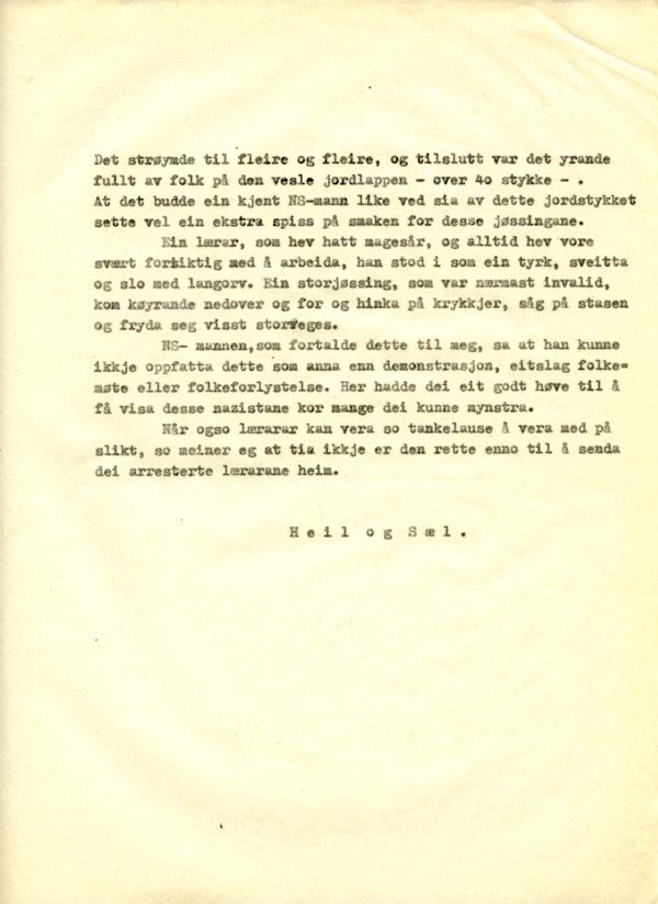 Brev 11. august 1942 fra kretslederen for Norsk Lærersamband, Kristiansand, angående støtte til arrestert lærer, s. 2. (Statsarkivet i Kristiansand, Agder skoledirektør, III D, 5.)