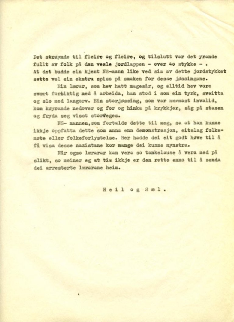 Brev 11. august 1942 fra kretslederen for Norsk Lærersamband, Kristiansand, angående støtte til arrestert lærer, s. 2. (Statsarkivet i Kristiansand, Agder skoledirektør, III D, 5.)