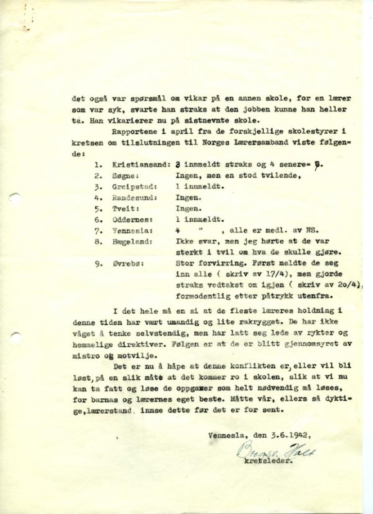 Rapport om skoleforholdene i Kristiansand krets av Norges Lærersamband 3. juni 1942, s. 2. (Statsarkivet i Kristiansand, Agder skoledirektør, III D, 5.)