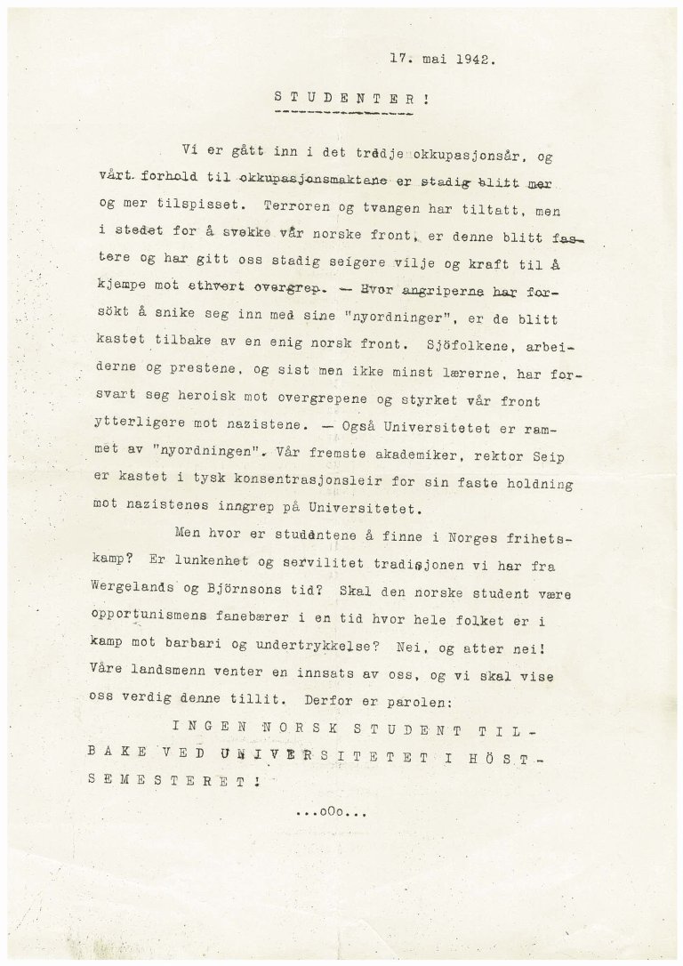 Det var usemje og uvisse når det gjaldt den organiserte motstanden til studentane. Her eit opprop med oppfordring til boikott av undervising. (Stene, Helga PA-0422/F/Fd/L0023)
