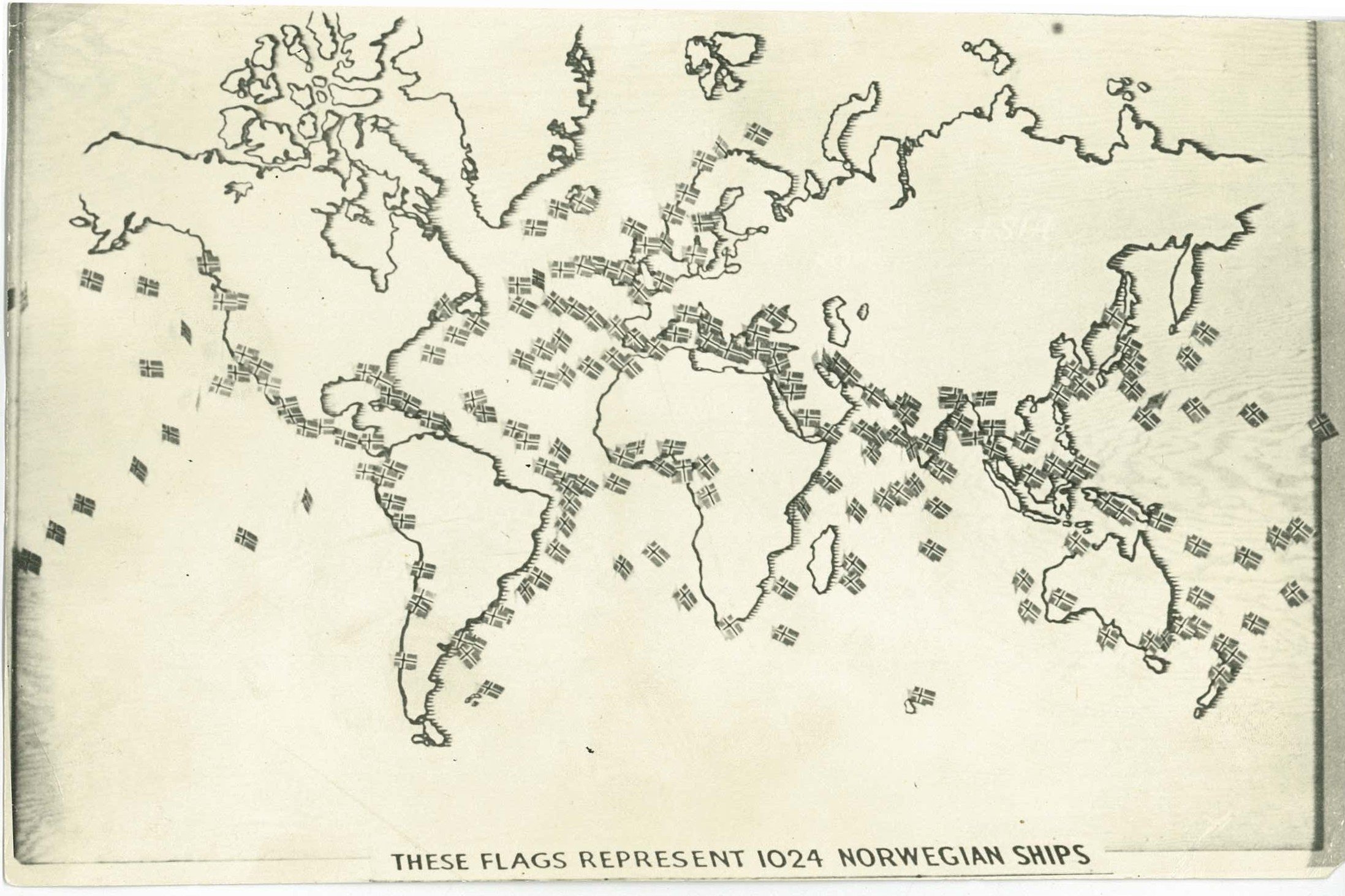 Norske skip på alle hav, 9. april 1940. Flagga viser tilsaman 1024 skip. Kart laga til ei utstilling i London i 1940. Antakelig frå Nortraship, London. PA-1209 NTB Uf-119