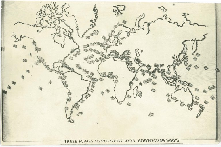 Norske skip på alle hav, 9. april 1940. Flagga viser tilsaman 1024 skip. Kart laga til ei utstilling i London i 1940. Antakelig frå Nortraship, London.