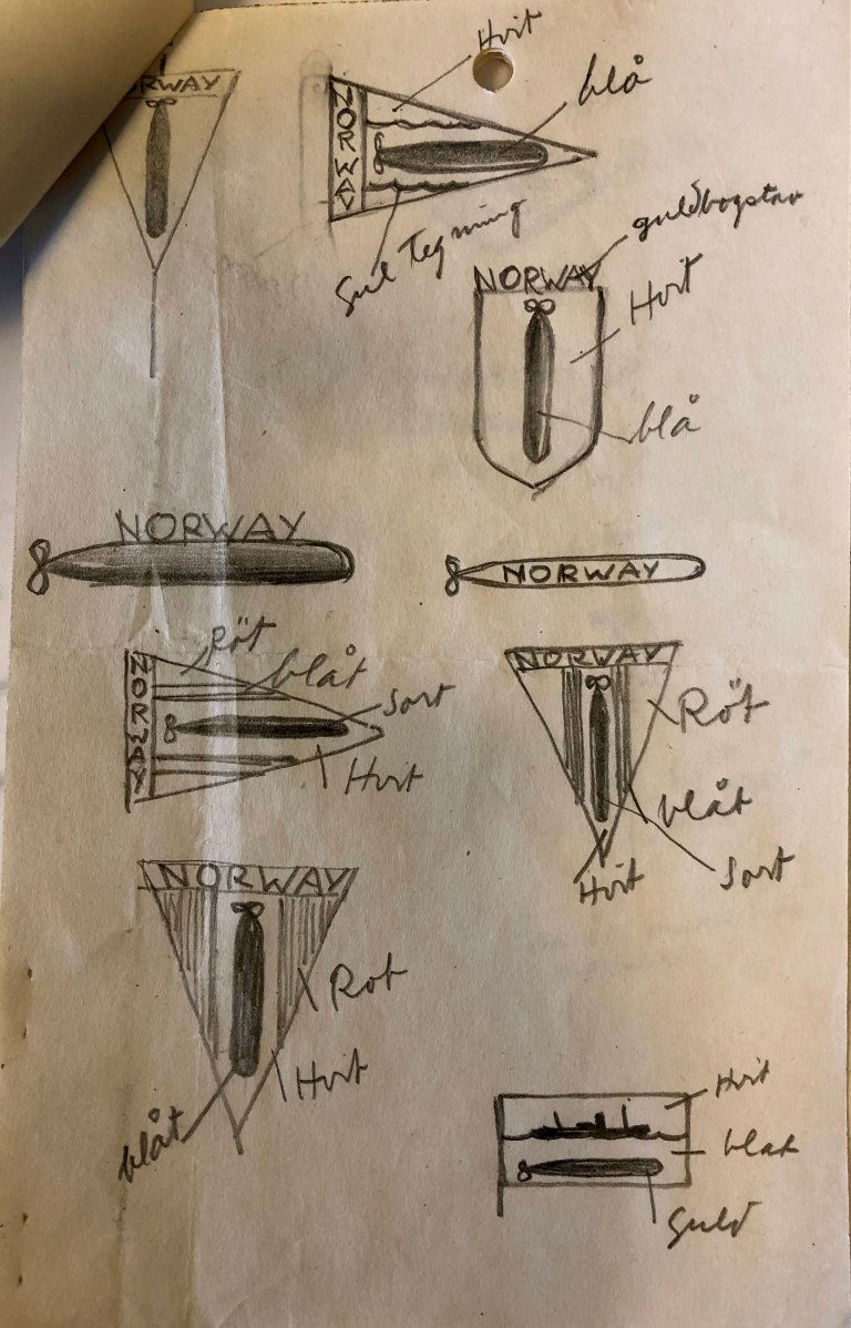 Forskjellige skisser av emblem på torpedonålen