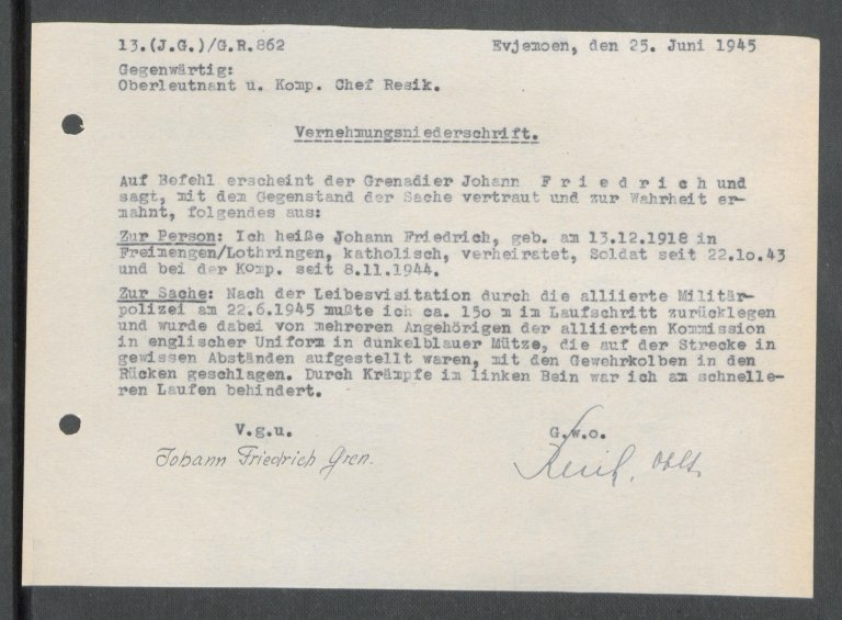 3 Alliert razzia på Evjemoen_Side 175 forklaring 25.6.1945 av Johan Friedric