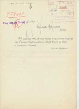 Kopi av telegram datert 04.11.1939 sendt til Berlin om at "City of Flint" er frigitt og det tyske prisemannskapet er internert.