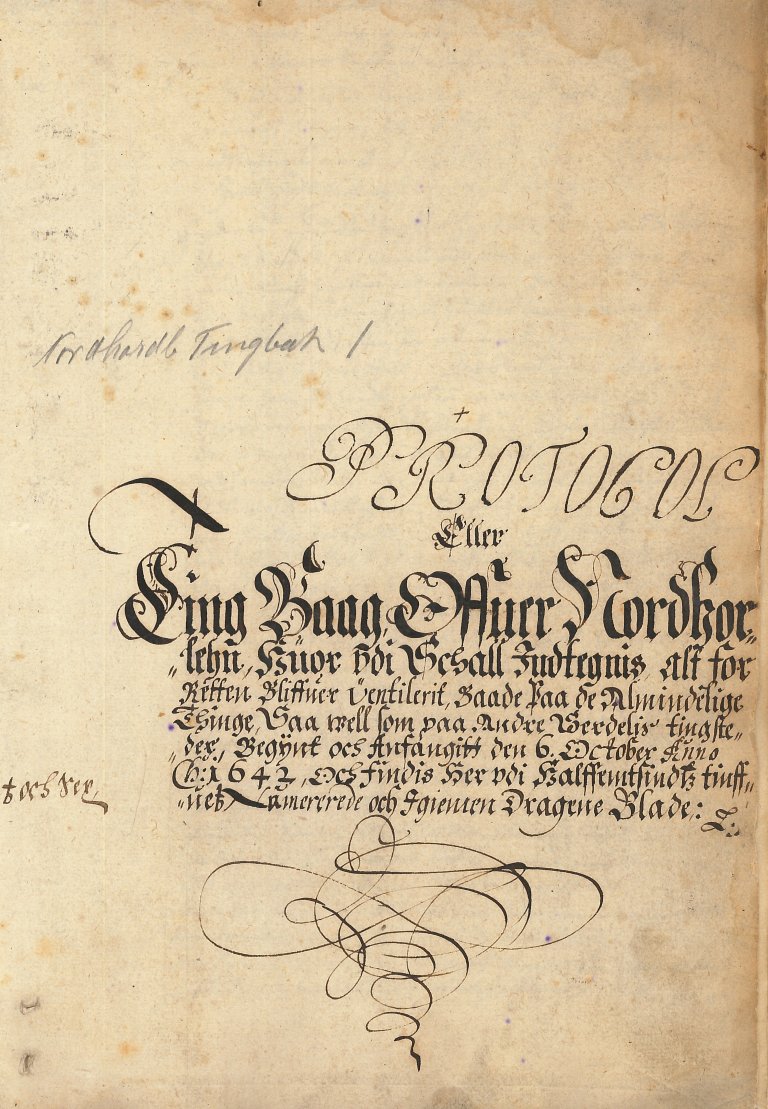 Den første sida i den eldste tingboka for sorenskrivaren i Nordhordland startar i 1643
