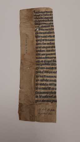 Fra Riksarkivets samling av latinske fragmenter, Fr. 2689. Det har sittet på Oslo hospitals regnskap for 1645. Dette har vært en bibel, med tekst fra 1. Samuels bok.