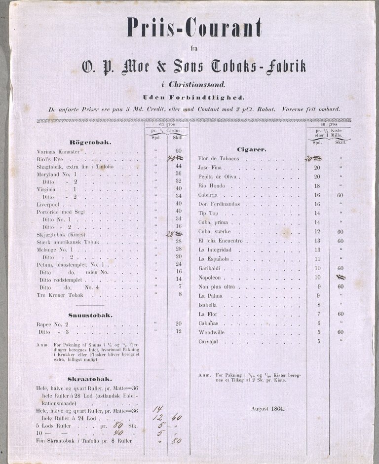 Priis-Courant fra O.P.Moe & Søns Tobaks-fabrik 1864