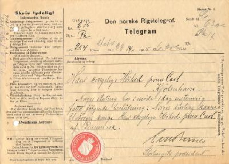 Arkivref: Telegrafstyret, Administrativ avdeling, serie Db, eske 576, telegramblanketter 1905