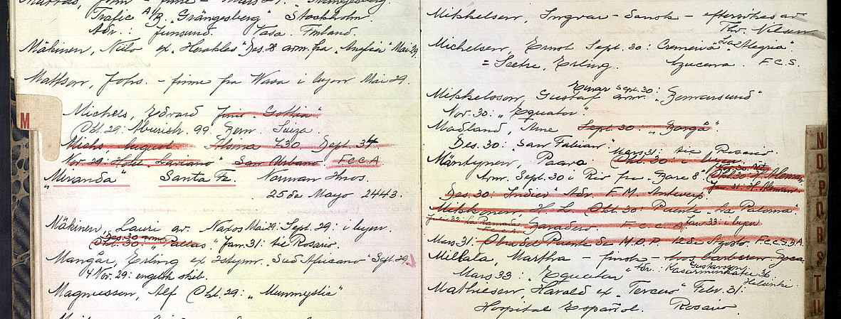 Eit døme på ei side frå adresseboka frå Sjømannsmisjonen i Buenos Aires, Argentina 1828-1929. Klikk på bilete for å sjå større storleik.