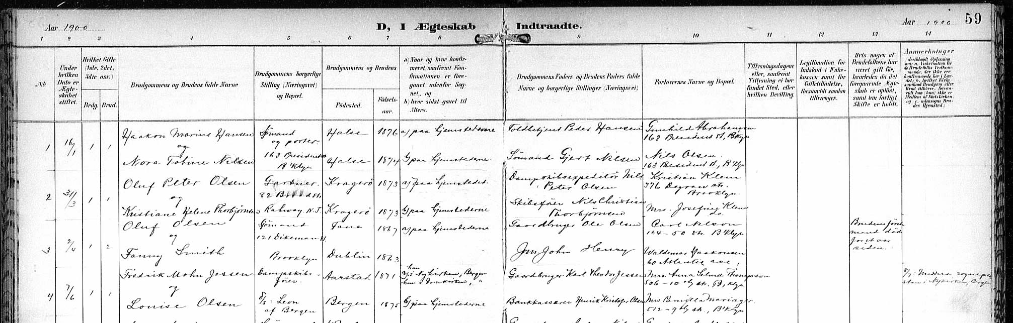 Eit døme på vigselsliste frå kyrkjeboka A4 1893-1901 for New York. Klikk på bilete for å sjå større storleik.