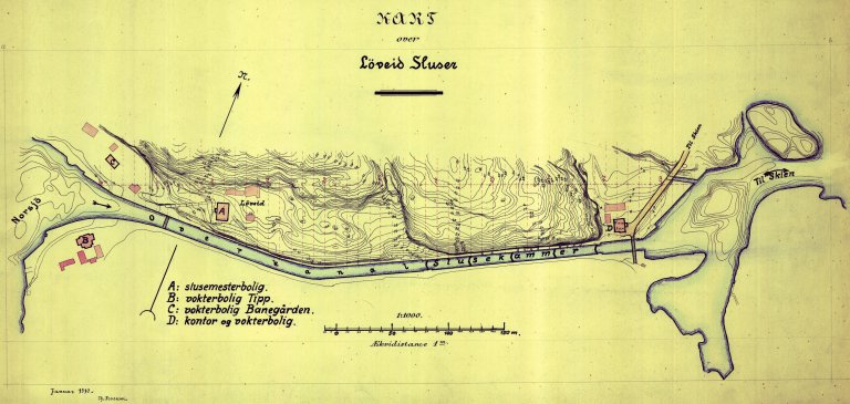 Kart over Løveid sluser, Januar 1910