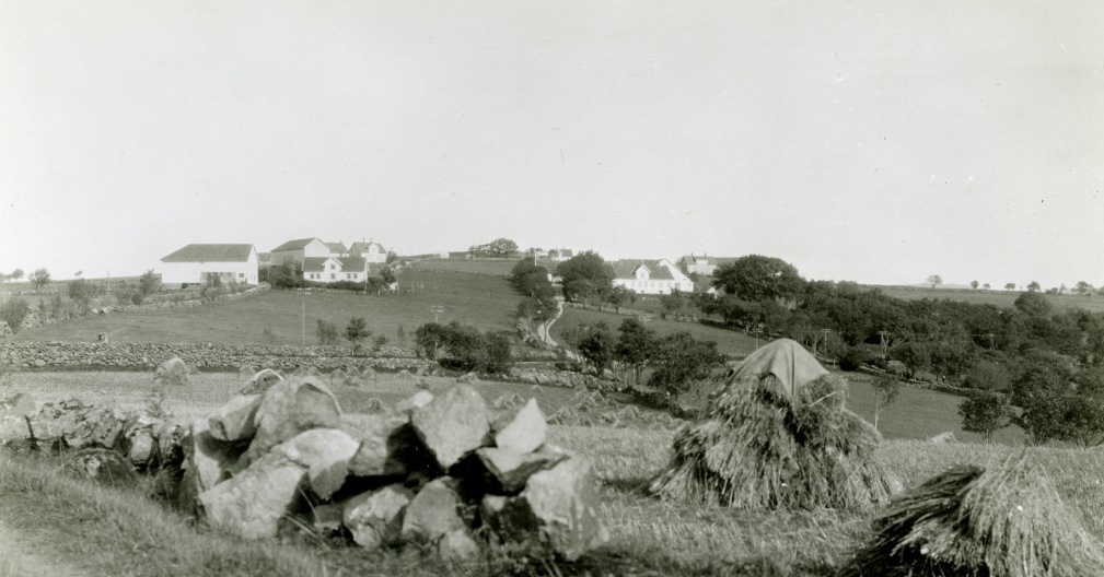 Gardsbruka på Mossige i 1933, med ”lensmannsgarden” til høgre. Dette var barndomsheimen til Marta Maria. Foto: Truleg Otto Floor. Privatarkiv nr. 135 Stavanger Turistforening, Statsarkivet i Stavanger.