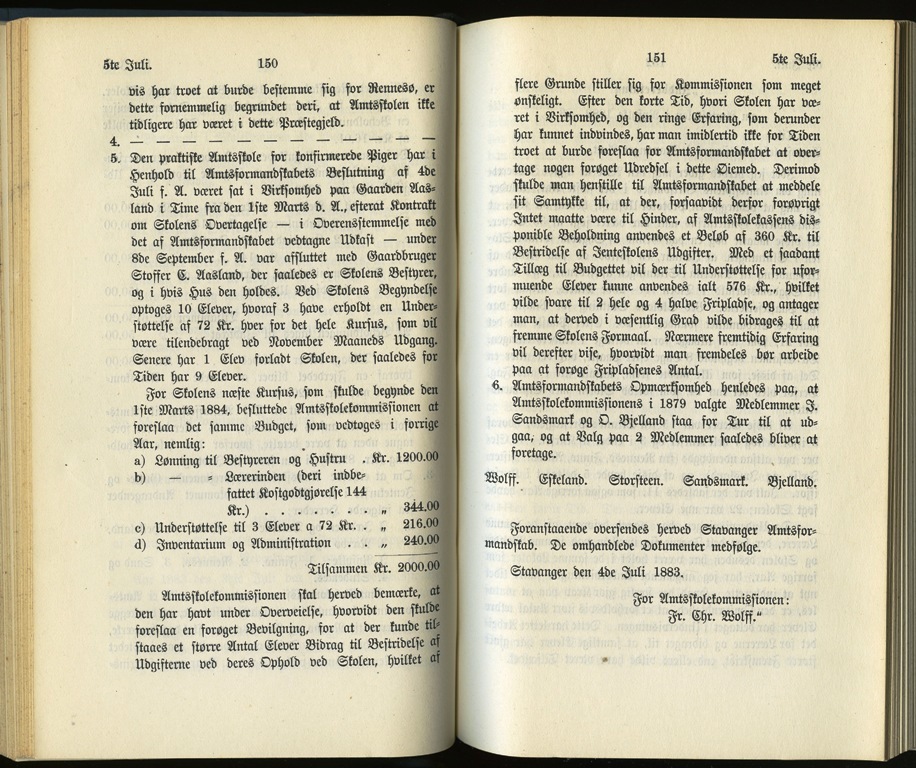 Budsjettforslaget for andre skuleåret ved den praktiske jenteskulen på Åsland med oppstart 1. mars 1884. Kjelde: Stavanger Amtsformandskabs Forhandlinger for 1883, Statsarkivet i Stavanger.