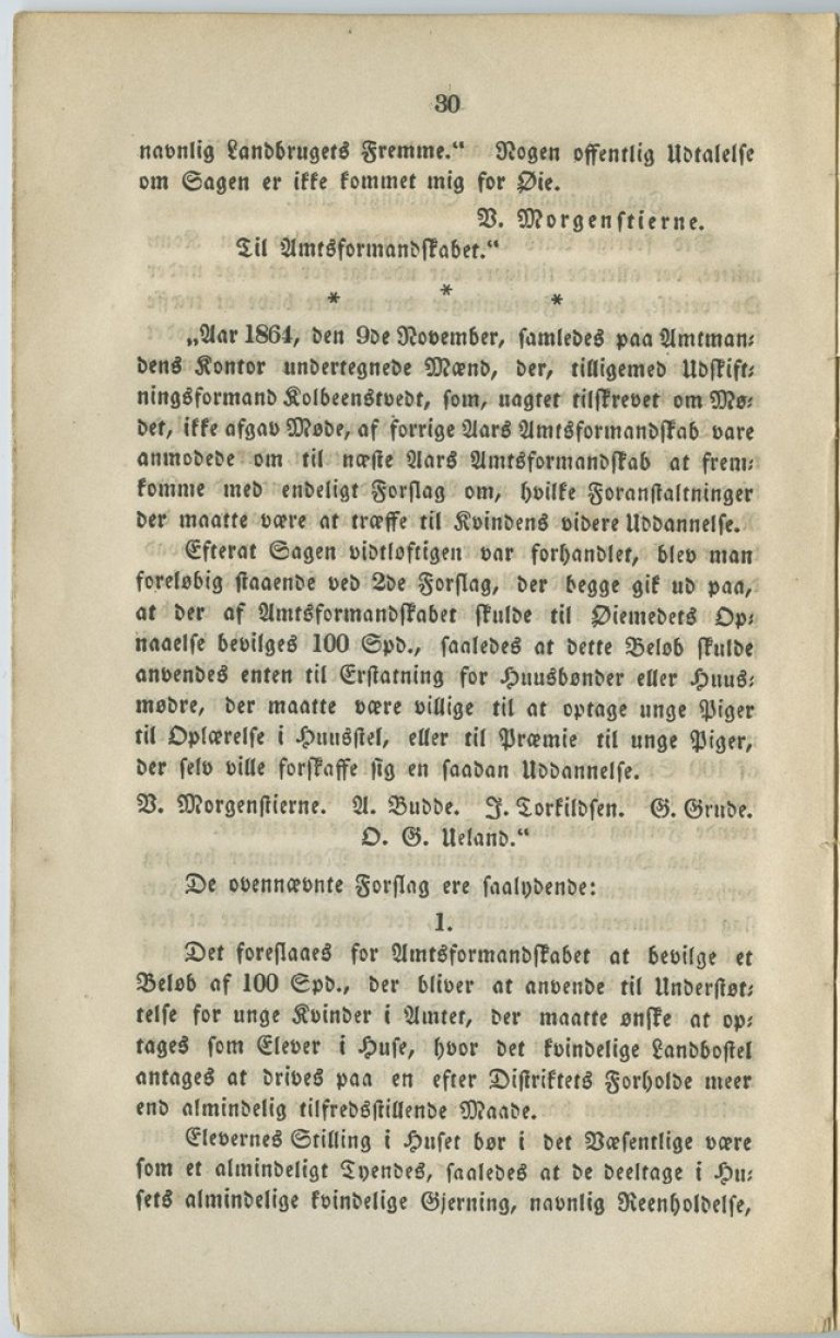 Det første forslaget til offentleg fagutdanning for kvinner i landbruket, datert 9. november 1864. Kjelde: Stavanger Amtsformandskabs Forhandlinger for 1865, Statsarkivet i Stavanger.