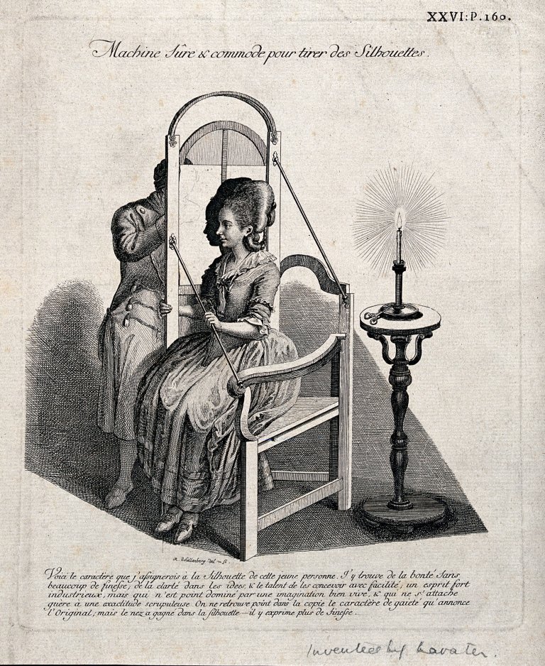 A_man_drawing_the_silhouette_of_a_seated_woman_on_translucen_Wellcome_V0049670