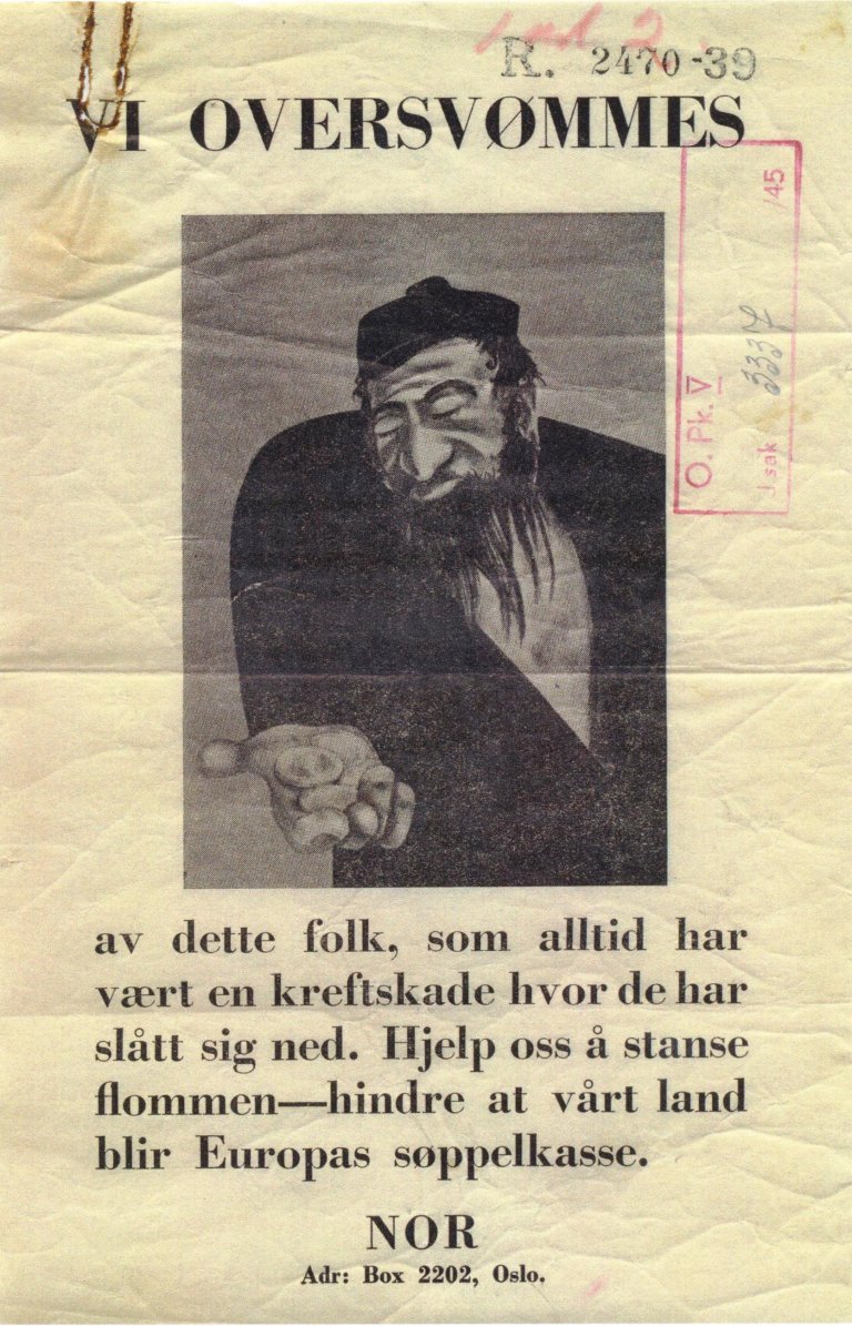 Flygeblad fra 1938 med en tegning av en mann i typiske jødiske klær hålder ut en tiggende hånd