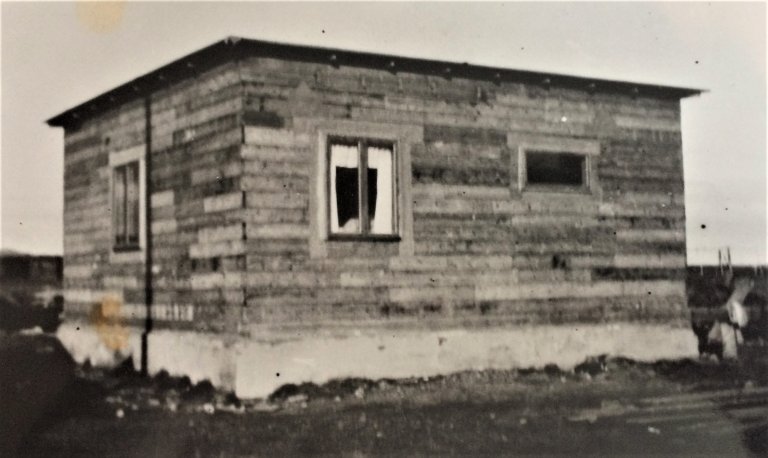 Sorthvitt bildet av trehytte bygget av flyplank i 1946-47