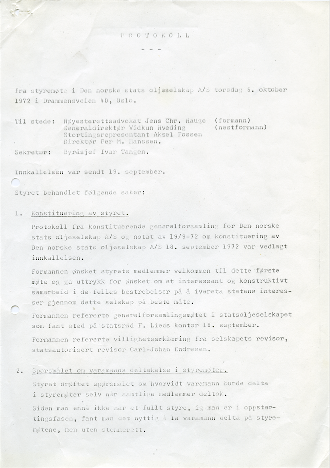 Statoils første styreprotokoll, side 1