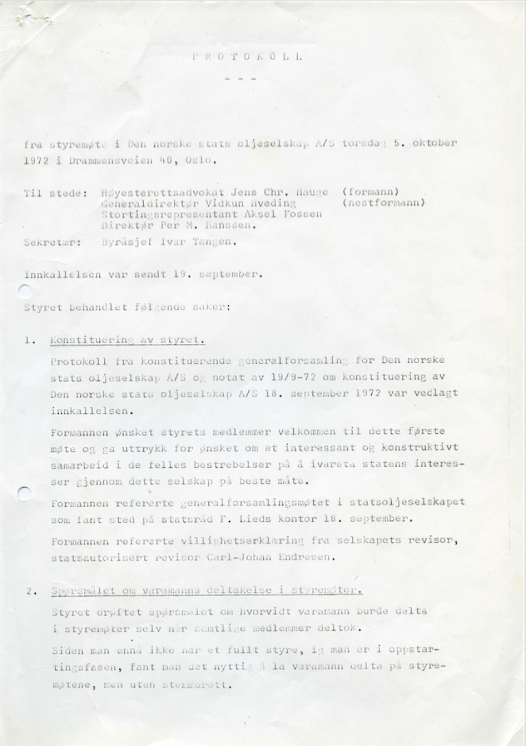 Statoils første styreprotokoll, side 1
